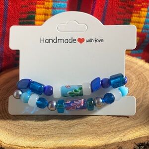 Handmade Blue  Glass Beaded Bracelet Elastic Stretch 6.5